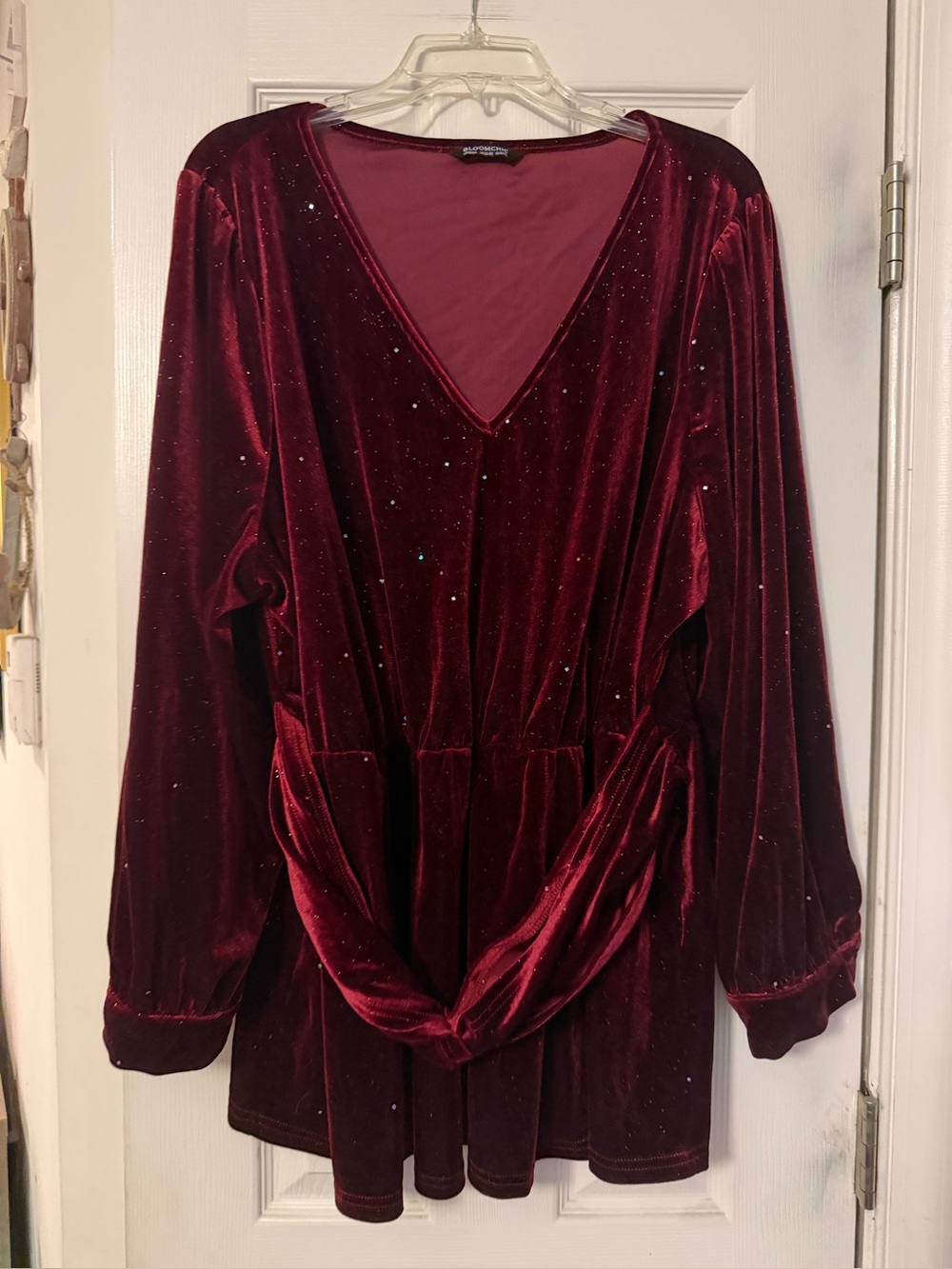 BloomChic Velvet V-Neck Long Sleeve Tunic in Burgundy with Sparkle